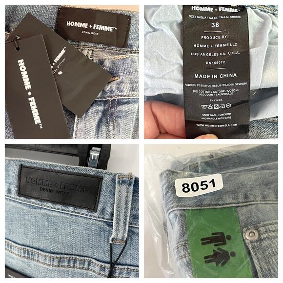 Homme + Femme NEW Tesla Skinny Blue Jeans Sz 38 Green Pink Gradient Logo Ribbon - Picture 10 of 10